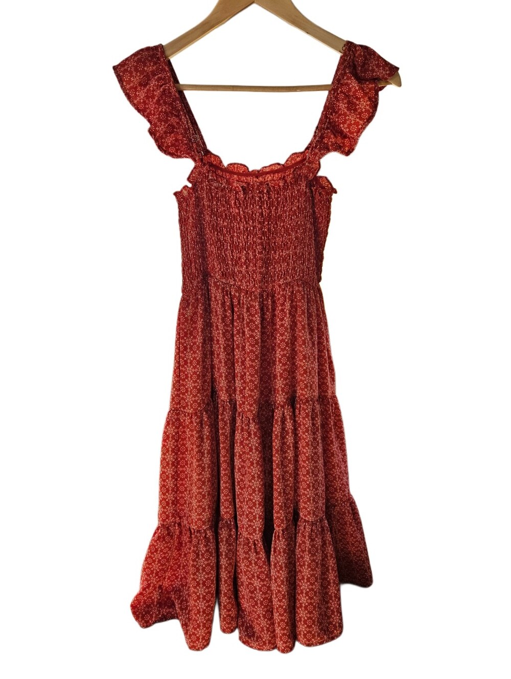 Altar'd State Rust Red Boho Ruffle Tiered Midi Dress Size S - Picture 2 of 6